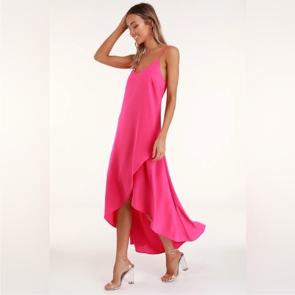 NWT Lulus Hot Pink Sweet Surprise Wrap High Low Dress. Medium. - Picture 4 of 10